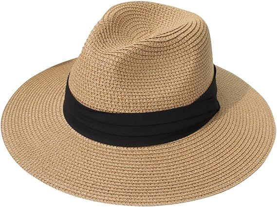 Lanzom Women Wide Brim Straw Panama Roll up Hat Fedora Beach Sun Hat UPF50+ | Amazon (US)