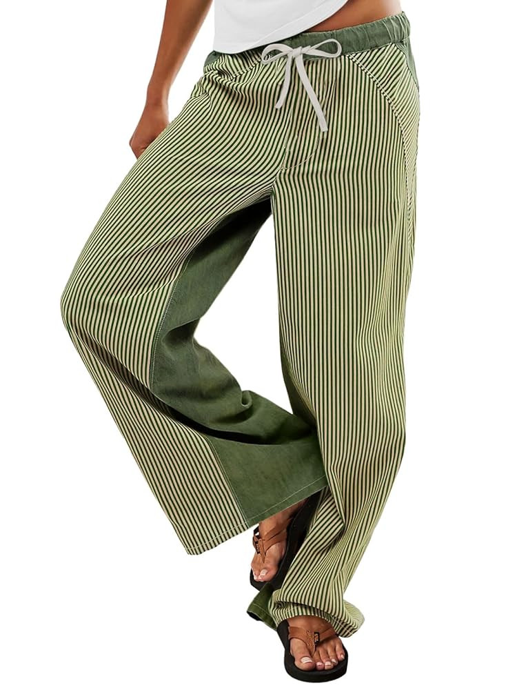 Low Rise Striped Pants for Women Pull On Drawstring Boho Wide Leg Jeans Trendy 2025 | Amazon (US)