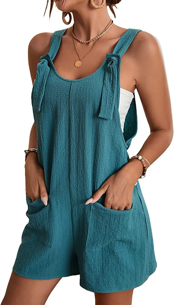 MakeMeChic Women's Summer Adjustable Strap Knot Front Pockets Shorts Overalls Rompers | Amazon (US)