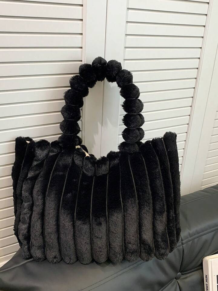 1pc Black And 1pc Coffee Plush Striped Tote Bag With Large Capacity For Women To Use In Daily Lif... | SHEIN