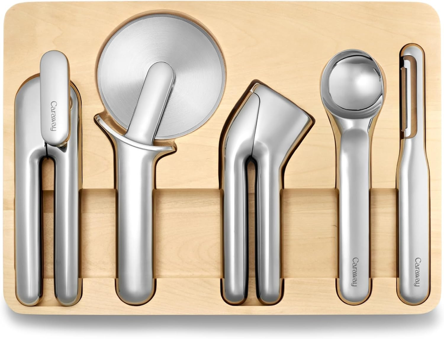 Caraway Kitchen Gadget Set - 5 Piece Kitchen Essentials - Stainless Steel - Includes Can Opener, Pizza Cutter, Garlic Press, Ice Cream Scoop, Vegetable Peeler, and Storage Organizer | Amazon (US)
