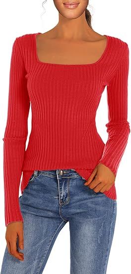 v28 Women Square Neck Knit Elasticity Stretchable Long Sleeve Slim Sweater Tops | Amazon (US)