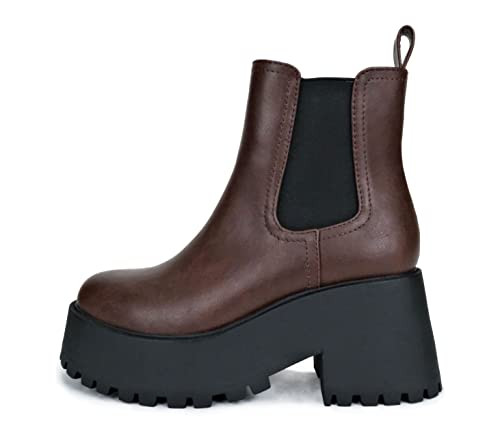 Soda INSTANT Women Chunky Lug Sole Mid Heel Chelsea Fashion Ankle Bootie w/Double Elastic Gore (BROWN/BLACK PU, numeric_7_point_5) | Amazon (US)