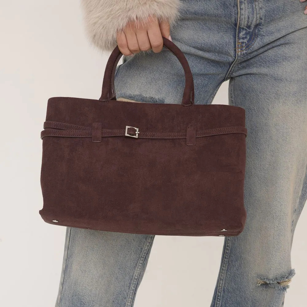 Noble Buckle Detail Shaped Tote Bag In Brown Faux Suede | EGO (UK)
