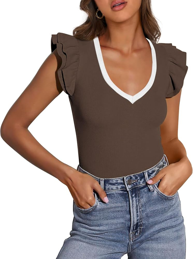 PRETTYGARDEN Womens V Neck Summer Tops Ruffle Sleeveless Slim Fit T Shirts Going Out Casual Blous... | Amazon (US)