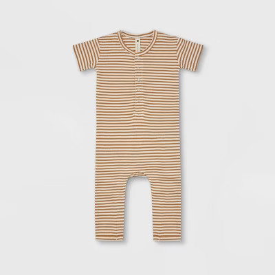 Q by Quincy Mae Baby Ribbed Striped Short Sleeve Romper - Ivory | Target