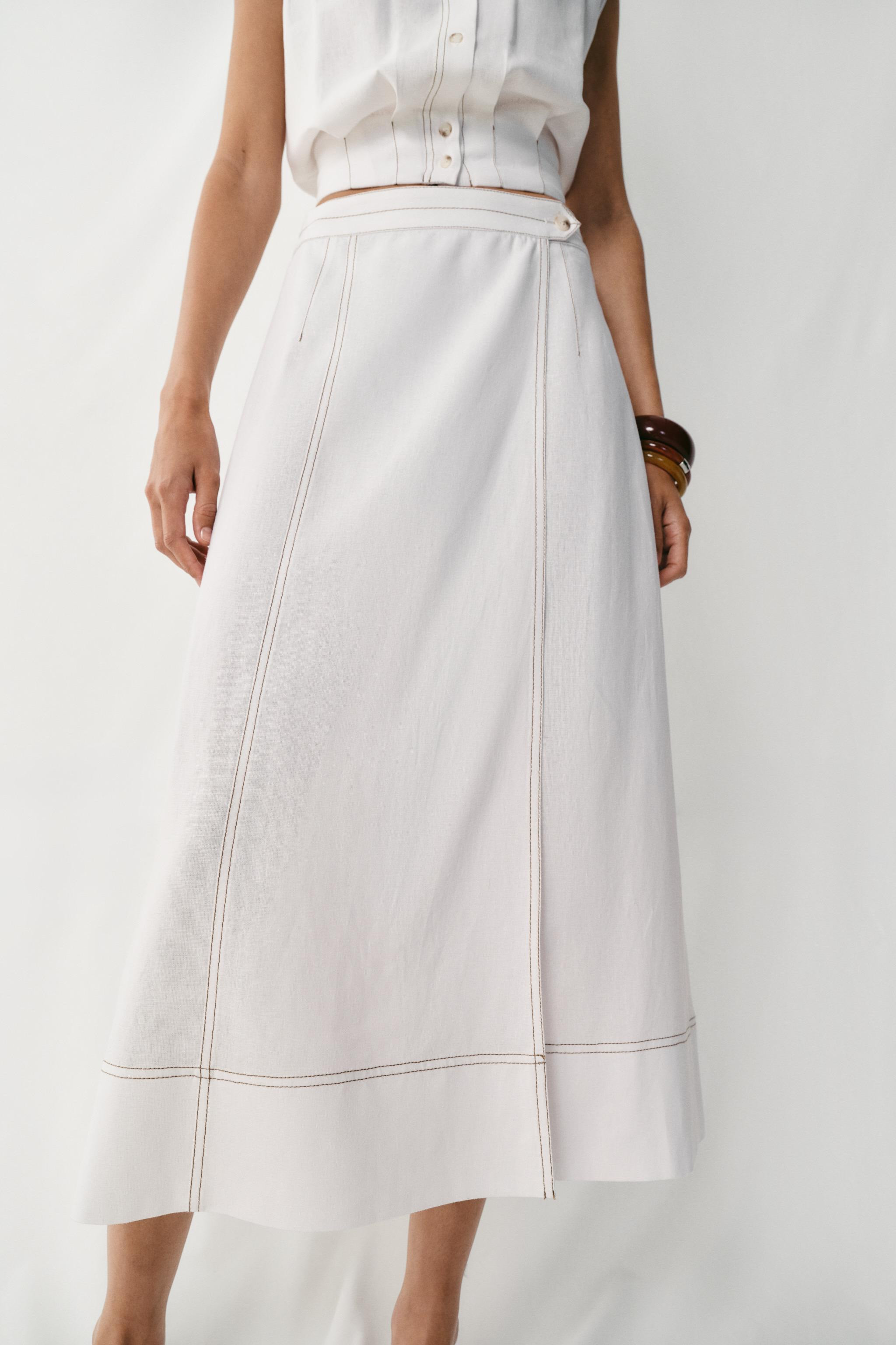 LINEN WRAP SKIRT WITH TOPSTITCHING | Zara US