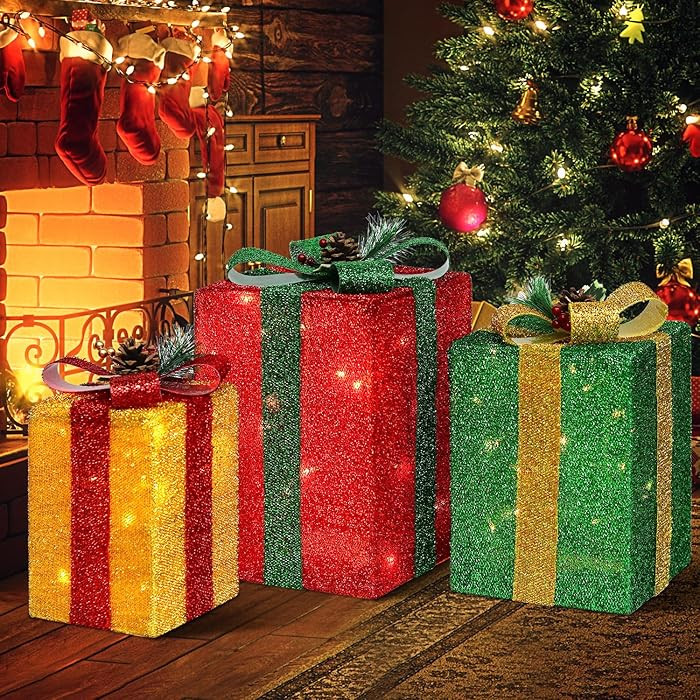 DomKom Set of 3 Tall Rectangular Christmas Lighted Gift Boxes - 60 LED Lighted Christmas Box - Li... | Amazon (US)