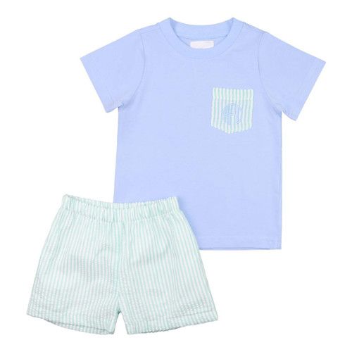 Blue And Mint Seersucker Short Set | Cecil and Lou