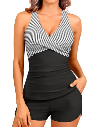 Women Black Stripe Tankini Swimsuits with Shorts - Two Piece Tummy Control Bathing Suits Top with Two Pockets Bottom Swimwear XL | Amazon (US)