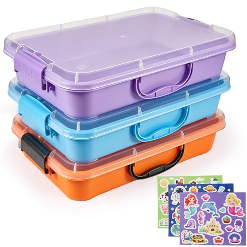 FIIOEOY 3 Pcs Sensory Bin Sand Tray with Lid & 3 Stickers, Stackable Storage Sensory Bin Containers with Lid, Portable Sandbox Organizers for Toys, Sand, Arts, Crafts (Purple, Blue, Orange) | Amazon (US)