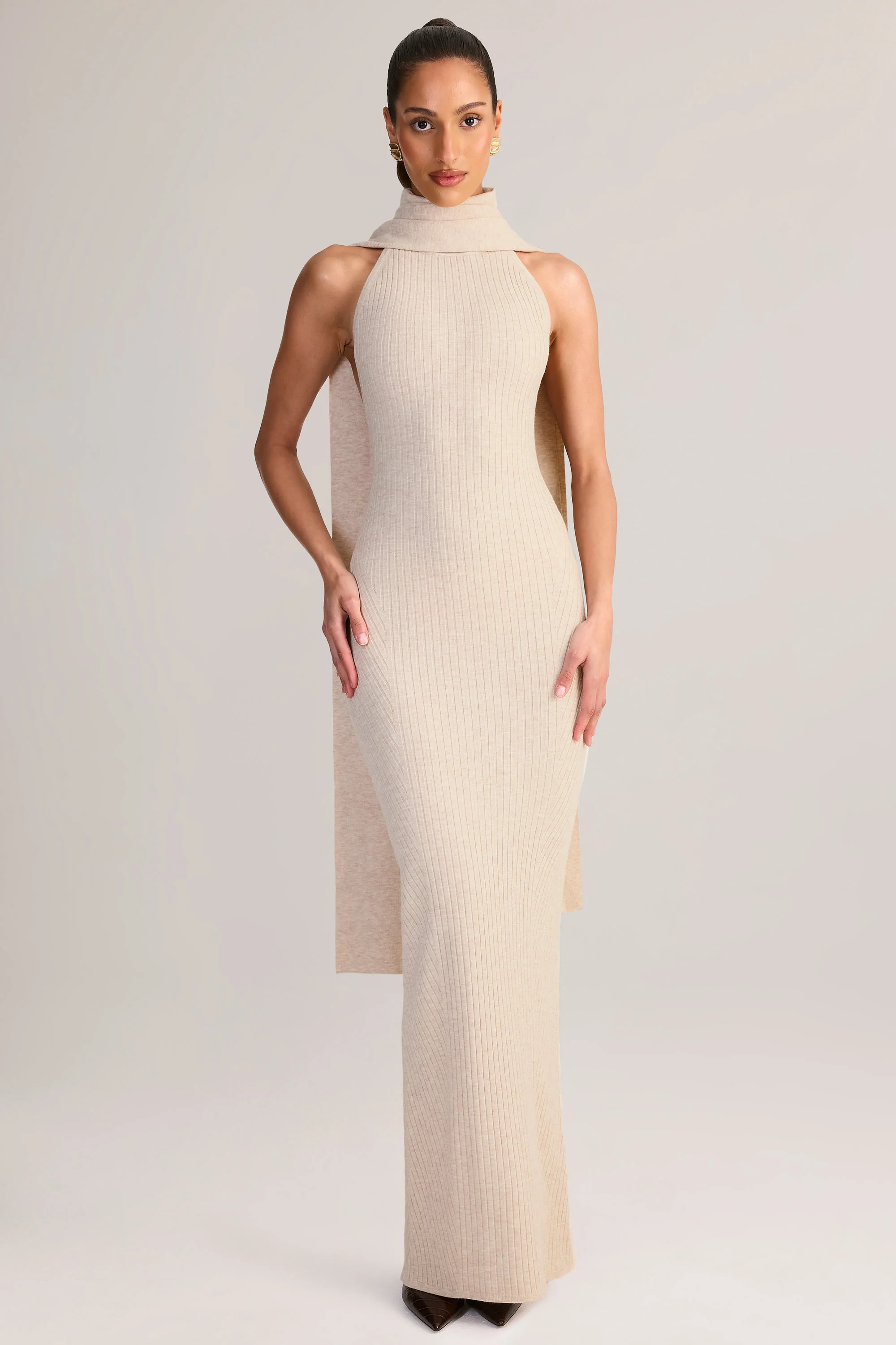 Knit Scarf-Detail Halterneck Maxi Dress in Cream | Oh Polly
