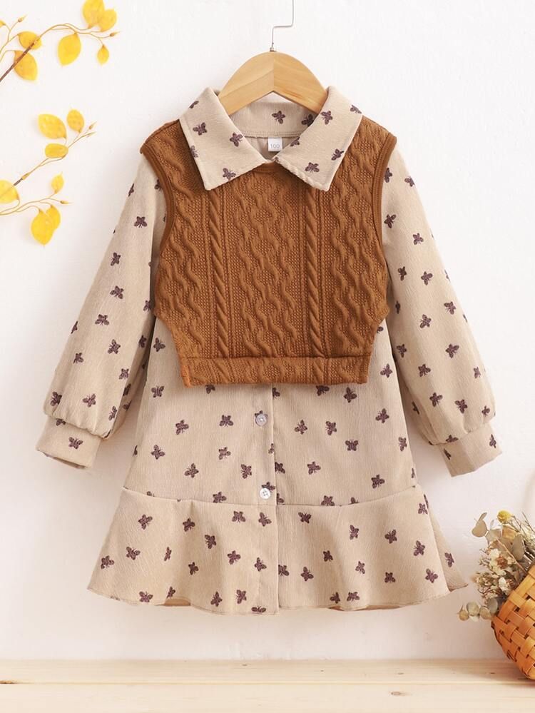 Toddler Girls Butterfly Print Ruffle Hem Corduroy Dress & Textured Tank Top | SHEIN