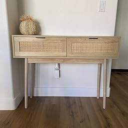 LAZZO 39" Console Table, Oak Grain Sofa Table with Wood Frame, Rustic Hallway Table with Bamboo Weav | Amazon (US)