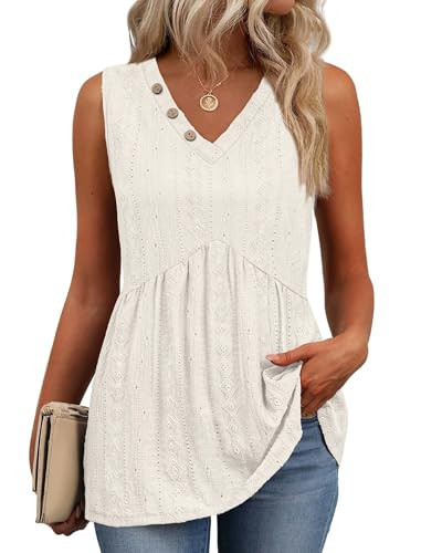 Tank Tops for Women 2026 Women's Clothing Womens Tops Dressy Casual White Tank Top Boho Summer Top Resort Wear Cruise Vacation Outfits Empire Waist Babydoll Sleeveless Shirts M | Amazon (US)