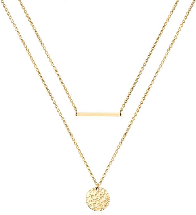 Estendly Dainty Gold Layered Bar Neckalce Moon Pendant Lariat Y Necklace 14K Gold Simple Necklace... | Amazon (US)