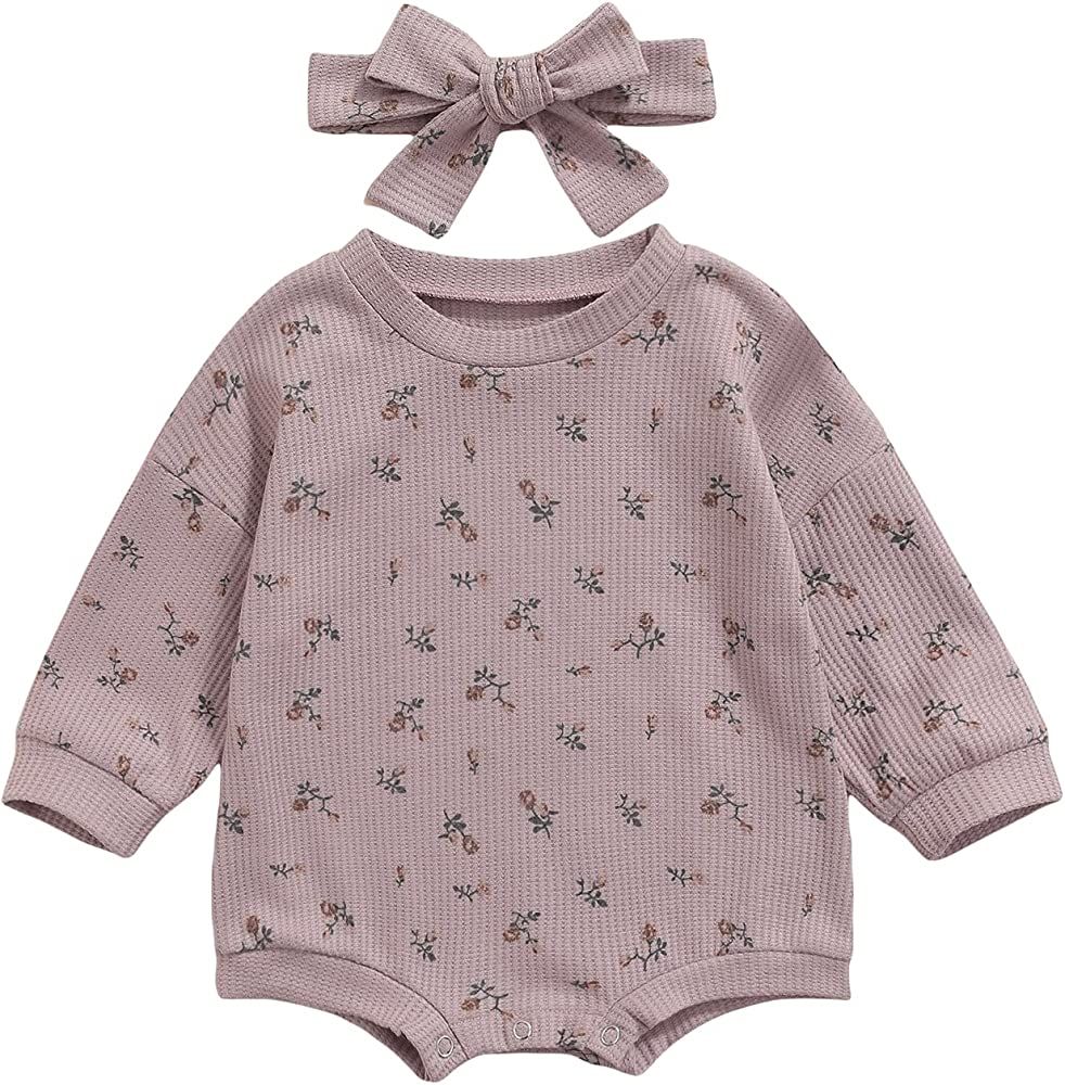 Infant Baby Girl Oversized Sweater Romper Knit Floral Long Sleeve Sweatshirts Onesie Baby Fall Winte | Amazon (US)