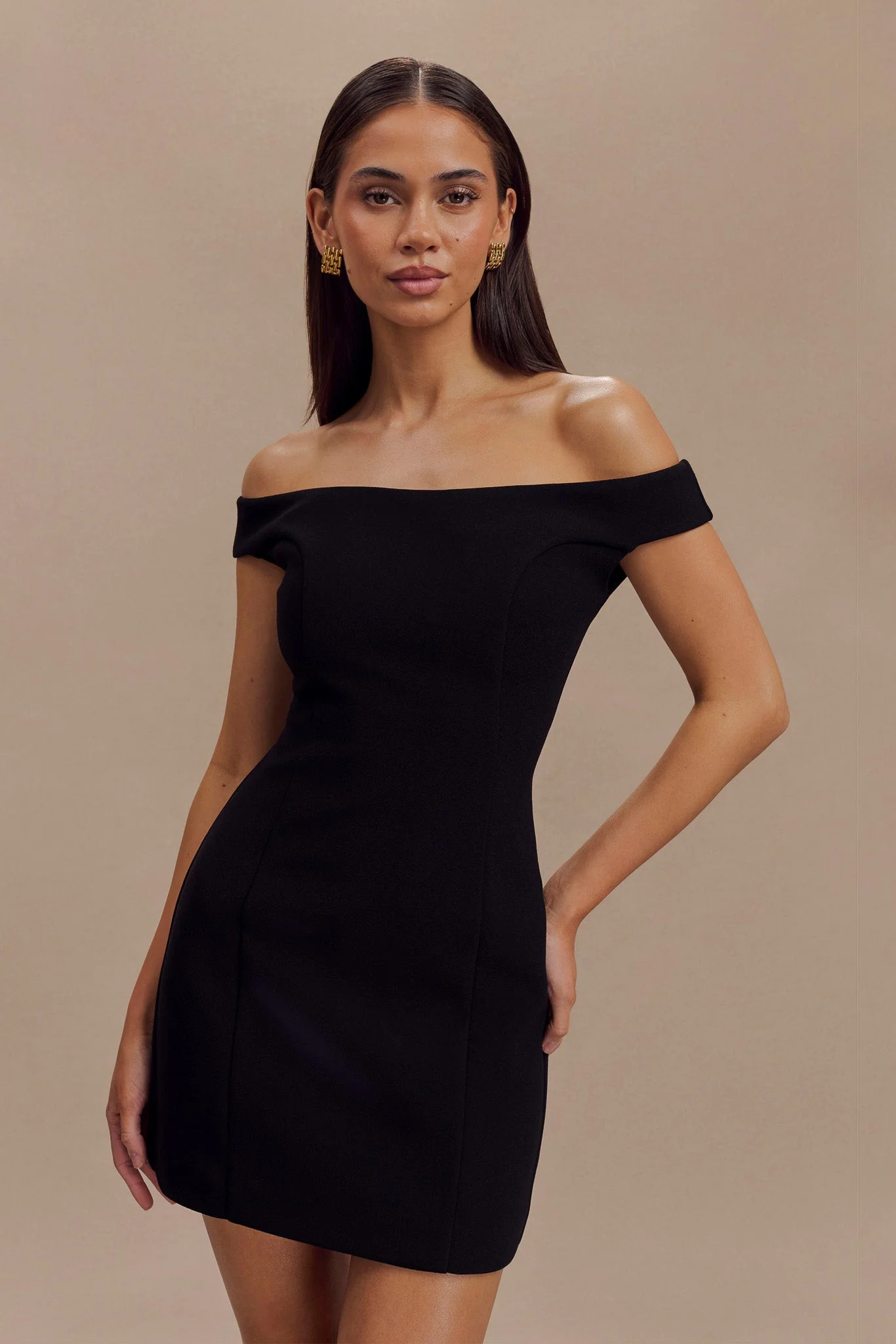 Cassidy Crepe Off Shoulder Mini Dress - Black | MESHKI US