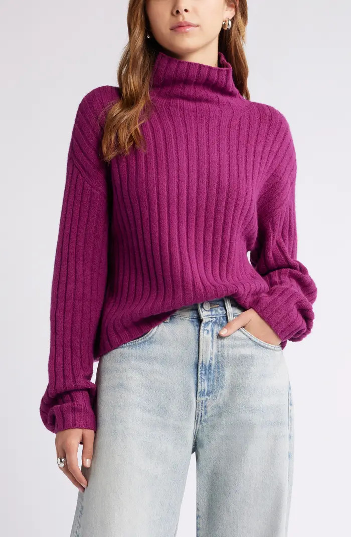 Open Edit Women's Cotton Blend Rib Funnel Neck Sweater | Nordstrom | Nordstrom