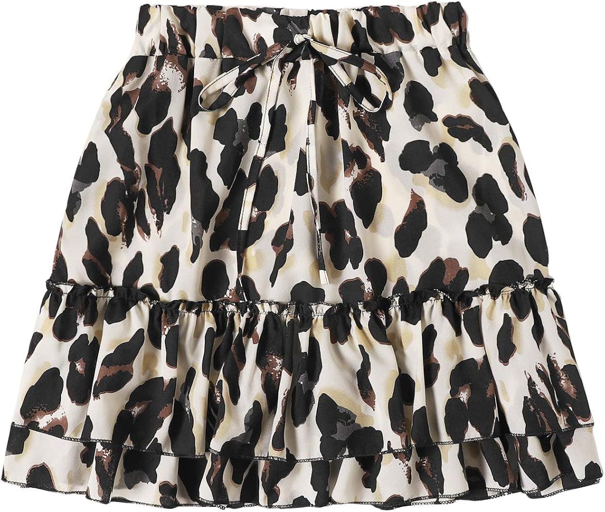 SheIn Women's Leopard Print Drawstring Waist Layer Ruffle Hem Short Skirt | Amazon (US)