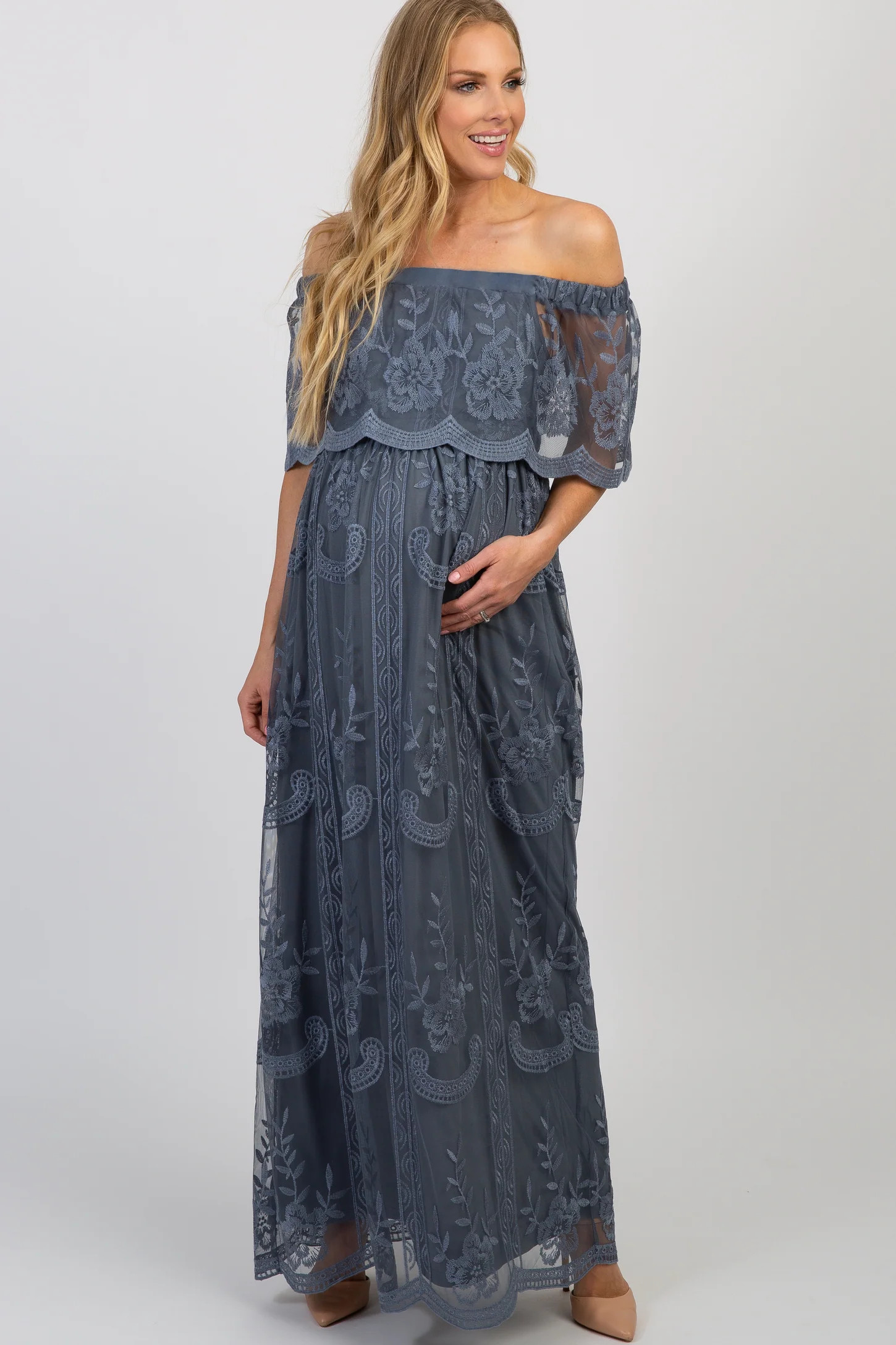 Blue Lace Mesh Overlay Off Shoulder Maternity Maxi Dress | PinkBlush Maternity