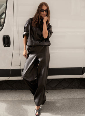 Black Faux Leather Barrel Leg Trousers | 4th & Reckless