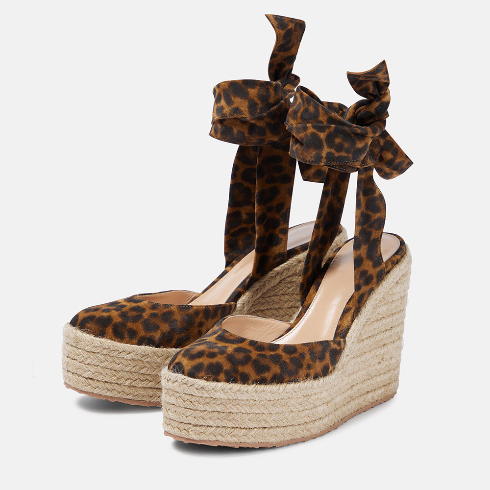 Leopard Print Round Toe Espadrille Wedges Lace Up Platform Sandals | FSJshoes.com