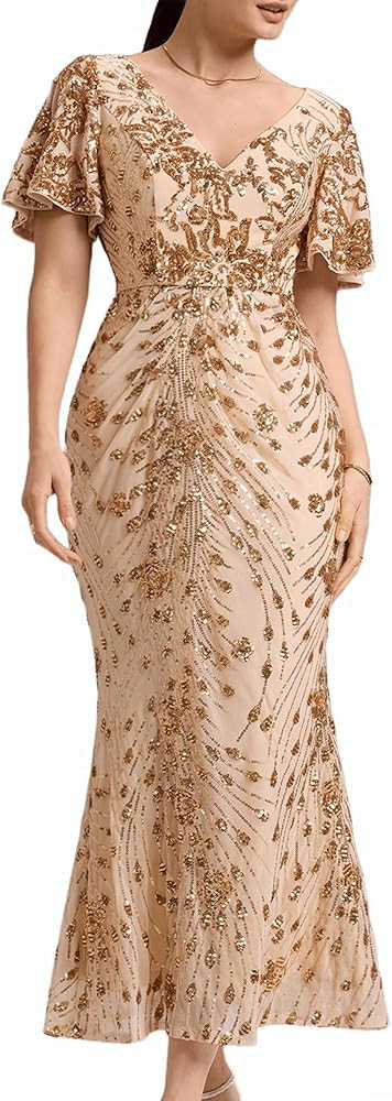 Ever-Pretty Women's Gorgeous V Neck Sequin Tulle Short Sleeves Bodycon Maxi Formal Evening Gowns ... | Amazon (US)
