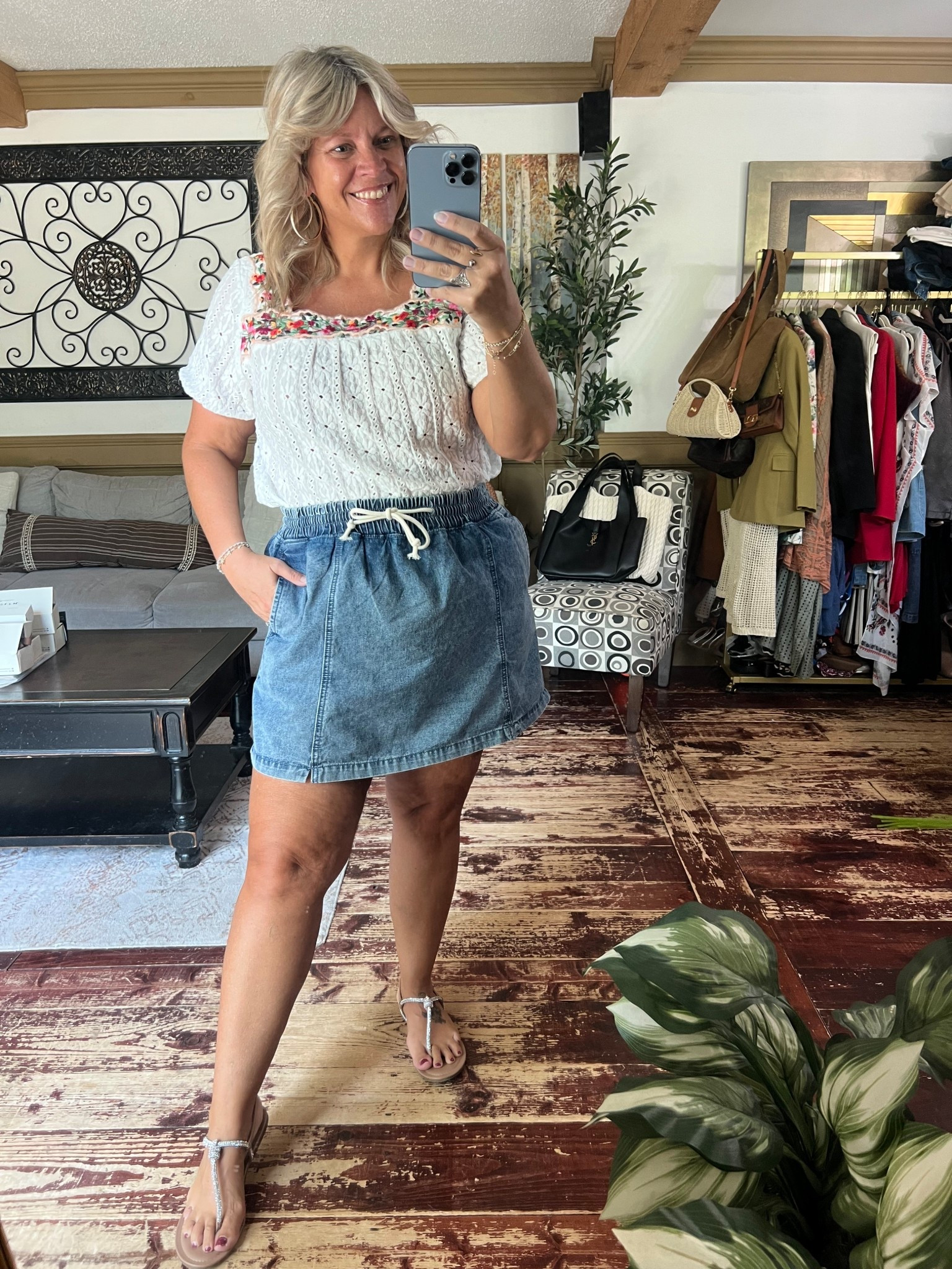 Elastic waist denim skort size 12 (size down); gorgeous knit top size 12 (great fit)- I’m size 14, 200lbs, 5’7.5”
Summer running errands outfit 

#LTKMidsize #LTKPlusSize #LTKFindsUnder50