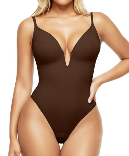 Popilush Brown Bodysuit for Women Deep V Neck Thong Tummy Control Shapewear Body Shaper Small | Amazon (US)
