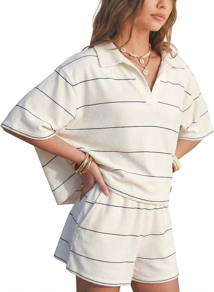 EXLURA Women Summer 2 Piece Outfits Faux Cashmere Sweater Knit Oversized Polo V Neck Top Matching... | Amazon (US)