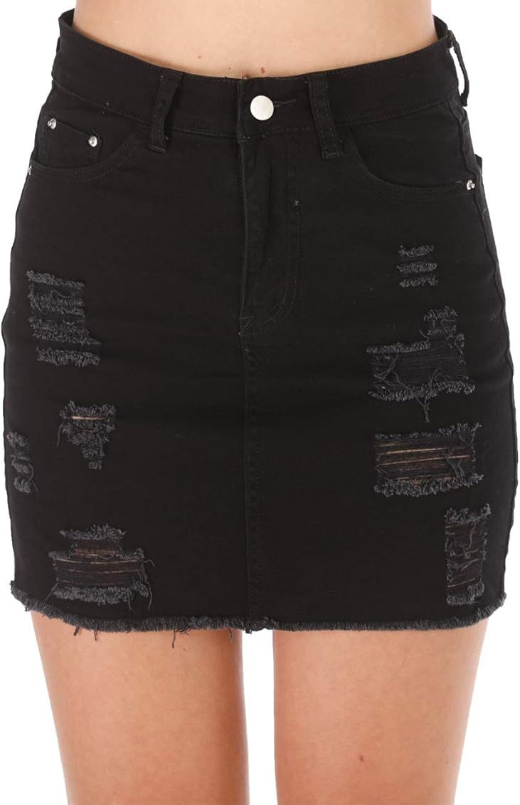 Haola Women's Casual Distressed Fray Hem Ripped A-Line Denim Short Skirt | Amazon (US)
