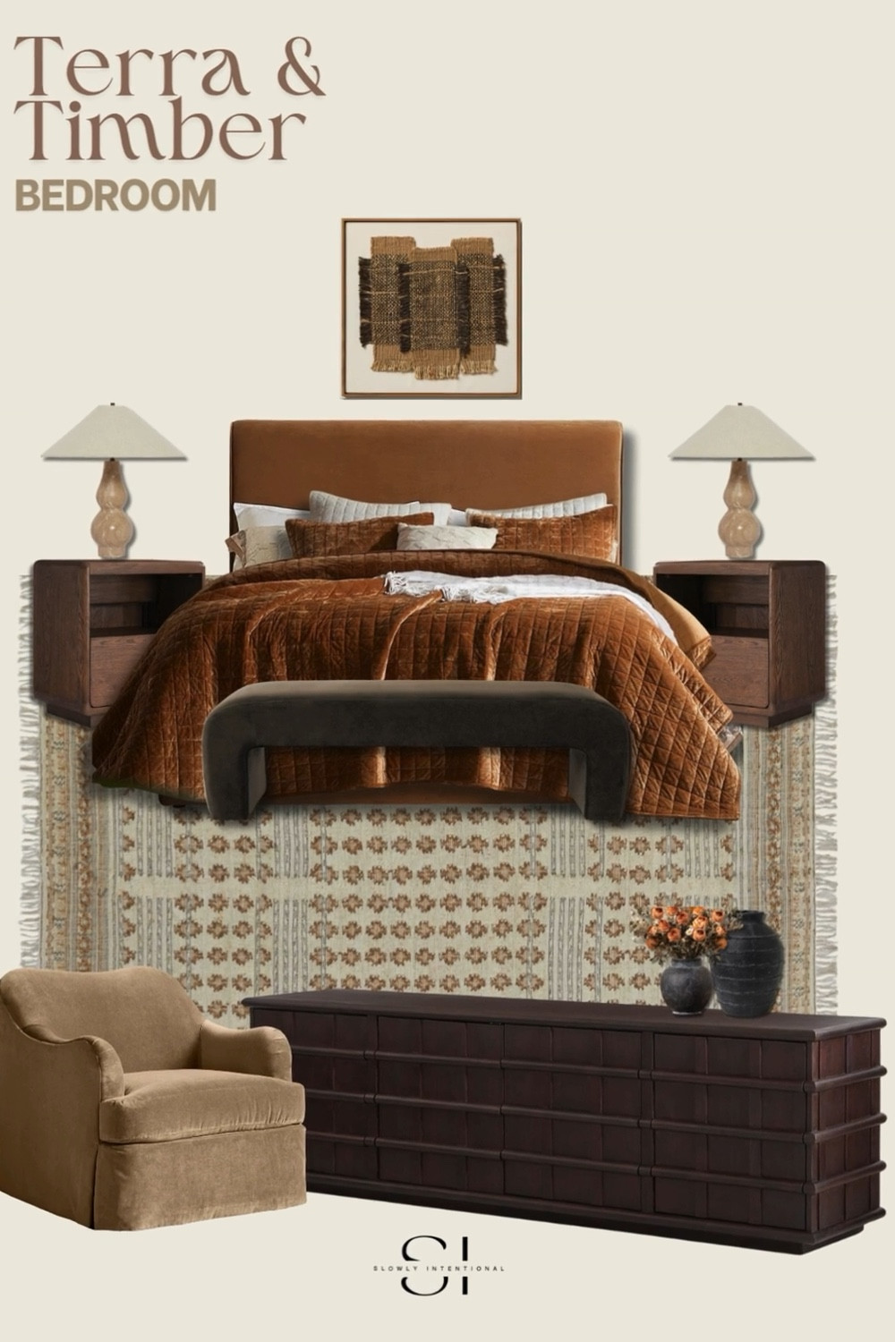 This moodboard features a gorgeous velvet bed in warm Earthy Tones that feels so high-end but is totally budget-friendly. I love the dark wood credenza and nightstands because they add that Mid-Century Modern texture while being functional for busy moms. These pieces are perfect for hiding kid messes while keeping your home looking beautiful! Everything is linked so you can get this pricey look for way less. earthy neutral bedroom, terracotta bedding, dark wood dresser, warm minimalist home, cozy bedroom aesthetic, velvet quilt, textured area rug, sculptural bench, organic modern decor, moody bedroom design

#LTKHome
