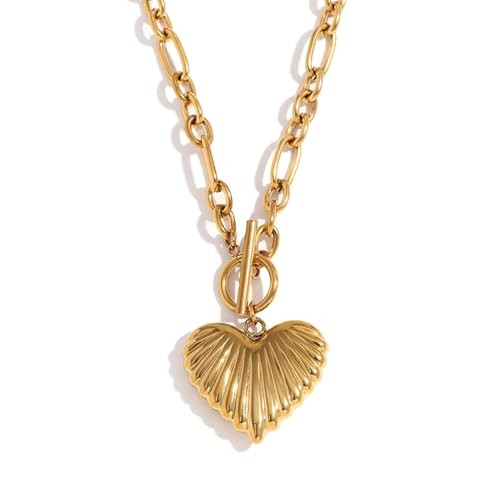Chunky Gold Heart Necklace for Women, 18K Gold Plated Puffy Heart Pendant with Thick Paperclip Ch... | Amazon (US)