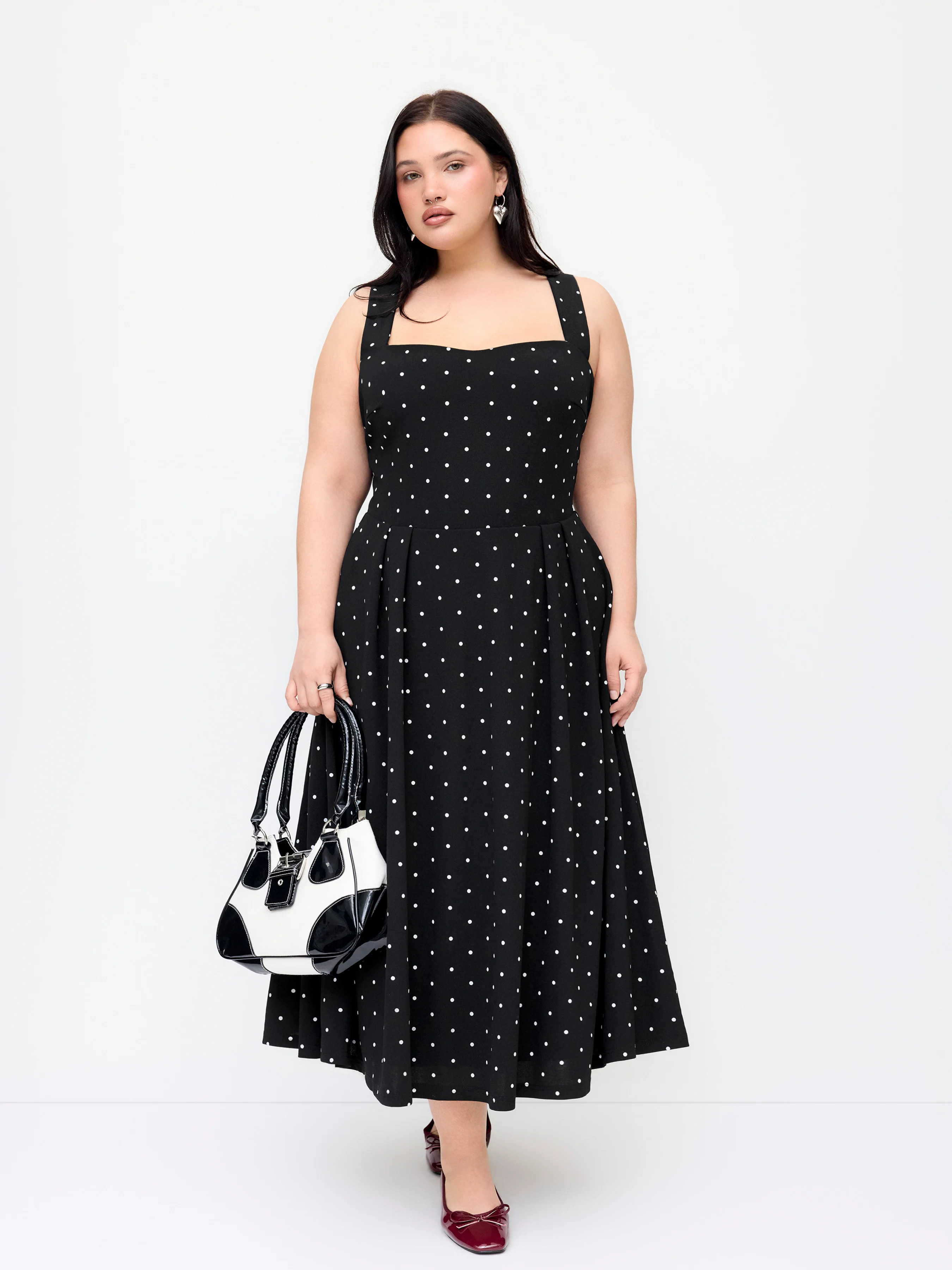 Knit Fabric Polka Dot Square Neck Ruffle Criss Cross Maxi Dress Curve & Plus For Date | Cider