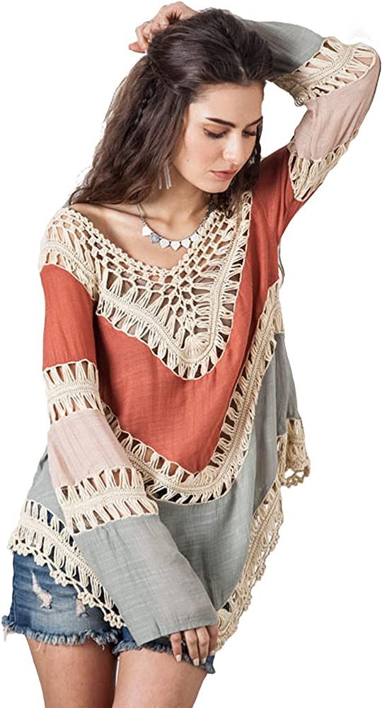 Vanbuy Women’s Boho V Neck Crochet Tunic Tops Blouse Shirt Hollow Out Beach Swimsuit Cover up | Amazon (US)