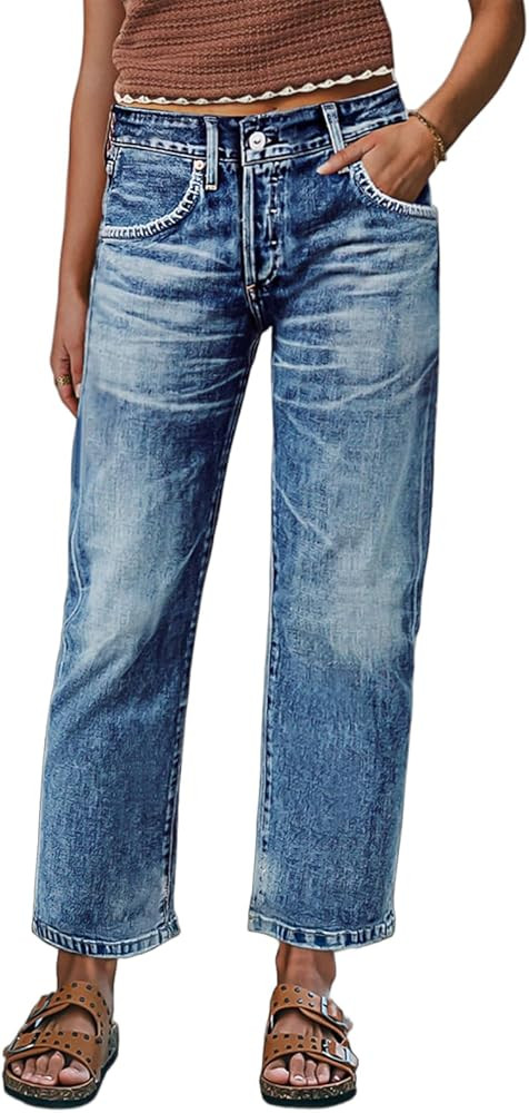 Flamingals Straight Leg Crop Jeans for Women Wash Raw Hem Mid Waist Jeans | Amazon (US)