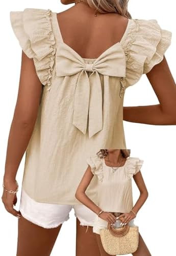 Falechay Womens Bow Tie Back Tops Round Neck Ruffle Short Sleeve Shirts Cute Babydoll Chiffon Tee... | Amazon (US)