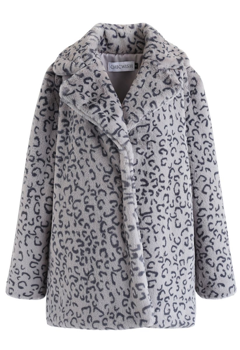 Collared Leopard Faux Fur Coat in Grey | Chicwish
