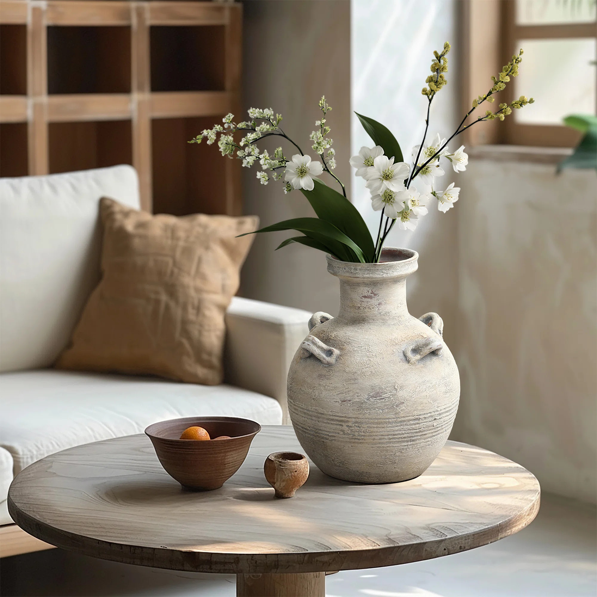 Rustic Off-White with Gray 12.4-Inch Tall Terracotta Urn Vase | Wayfair North America