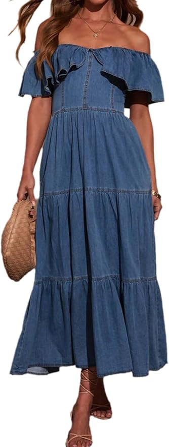 Womens Midi Denim Dress Ruffle Sleeve Off Shoulder Jean Dress High Waist Tiered Flowy A Line Boho... | Amazon (US)