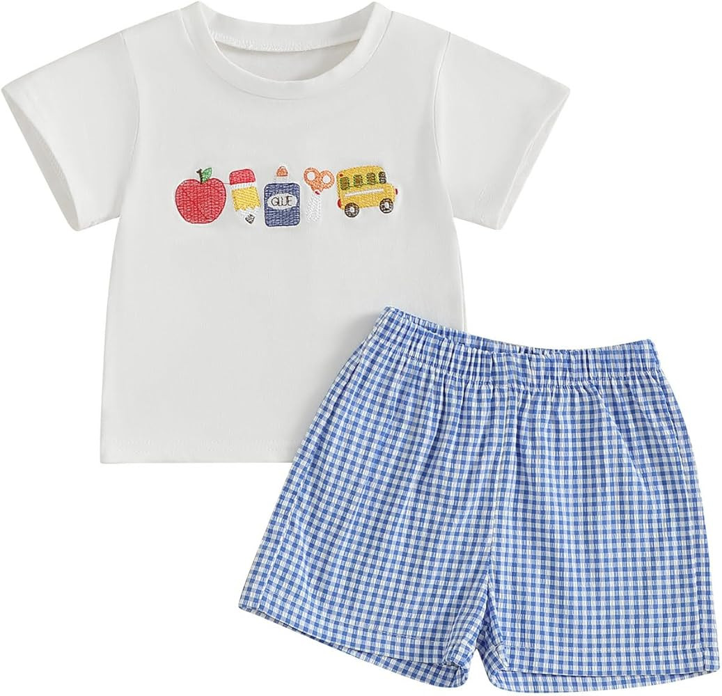 Toddler Baby Boy Girl Back To School Outfits First Day of Preschool T-Shirt Top Gingham Shorts Se... | Amazon (US)