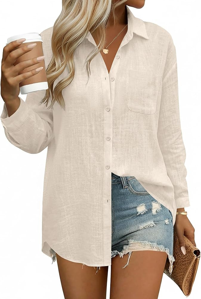 HOTOUCH Womens Button Down Shirts Linen Cotton Long Sleeve Blouses Casual Collared Loose Fit Gauz... | Amazon (US)