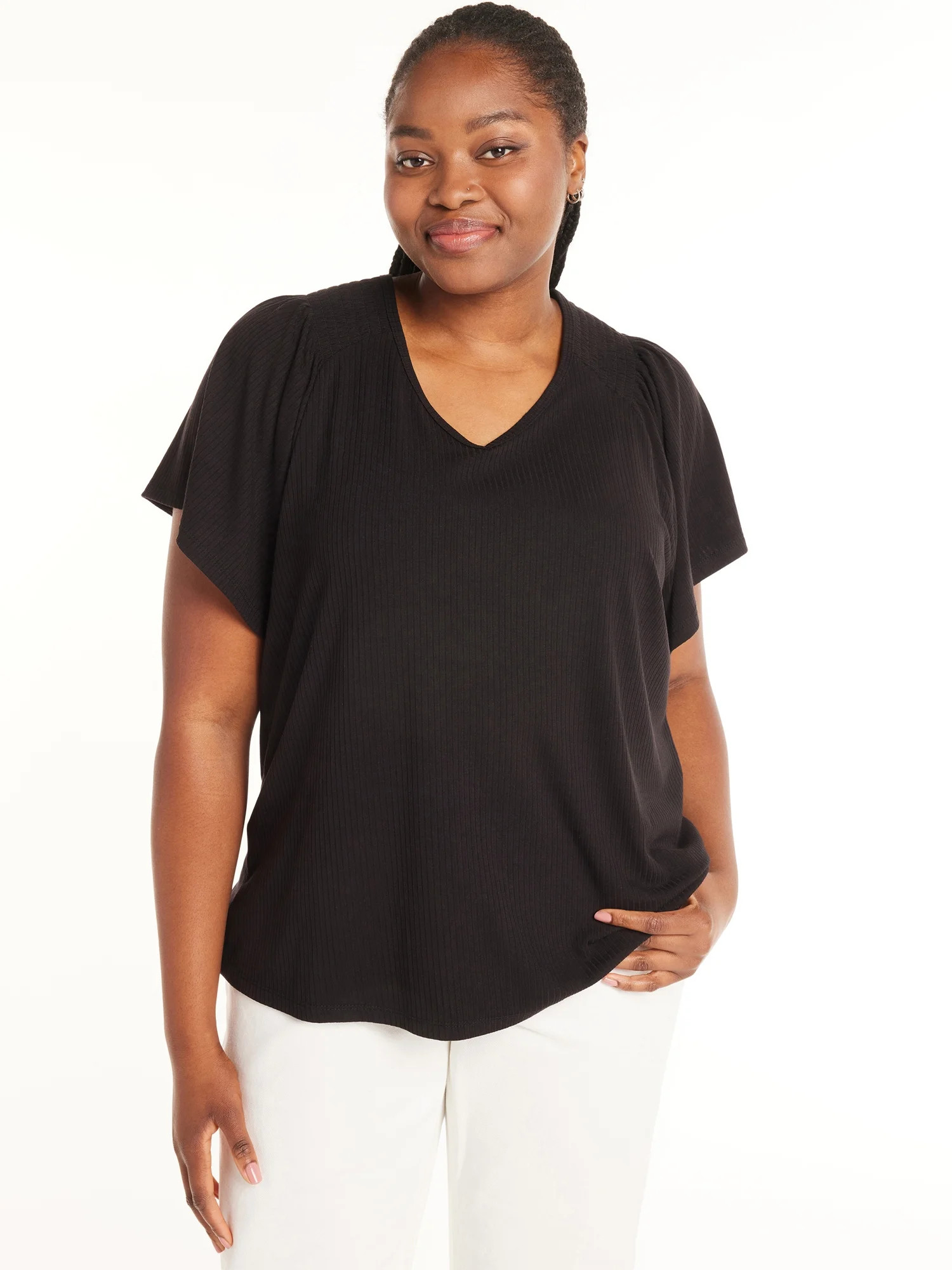 Terra & Sky Women's Plus Size Ribbed Flutter Sleeve Top, Sizes 0X-5X | Walmart (US)