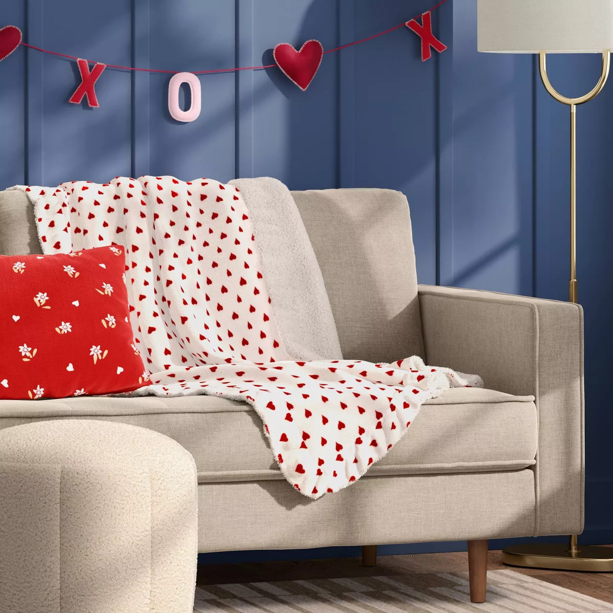 Mini Hearts Printed Plush Throw with Faux Shearling Reverse and Ruffled Trim Ivory/Red - Threshol... | Target