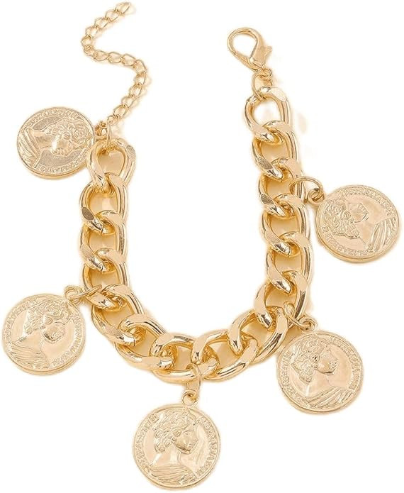Jumwrit Chunky Chain Bracelet Punk Cuban Curb Link Chain Bracelet Statement Golden Coin Bracelet ... | Amazon (US)