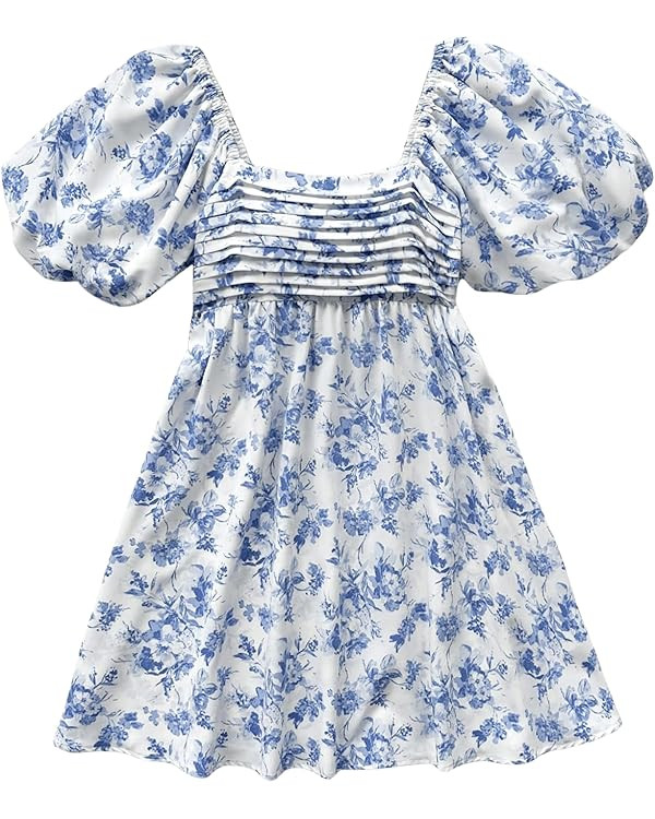 Floerns Women's Floral Dress Puff Sleeve Dress Square Neck Summer Vacation Picnic Mini Dresses | Amazon (US)