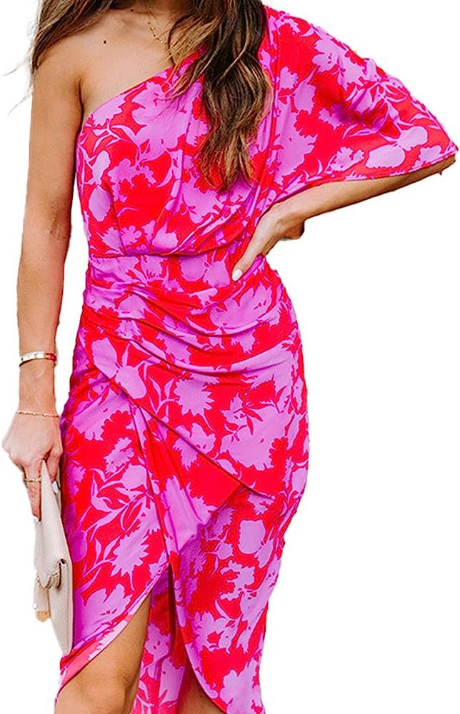 Beautisun Women's Off One Shoulder Irregular Hem Slim Party Dress Floral Print Bodycon Ruched Dre... | Amazon (US)