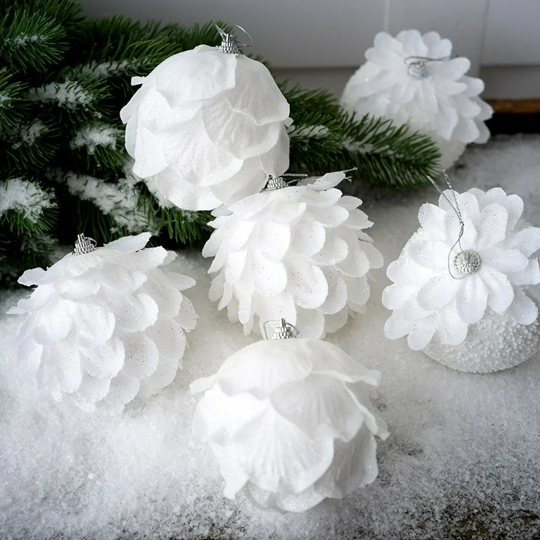 Zhuge 6 Pcs 3.94in White Christmas Tree Balls White Christmas Flowers Hanging Ornaments Glitter H... | Walmart (US)