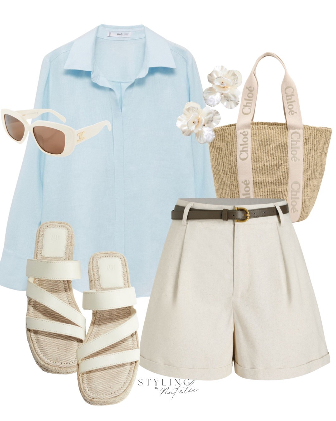 Blue shirt summer outfit- Baby blue linen shirt, tailored shorts with belt, Chloe tote bag and espadrille sandals, summer outfit, casual chic, classy style, smart casual, high street, H&M 

#LTKuk #LTKsummer #LTKmodest